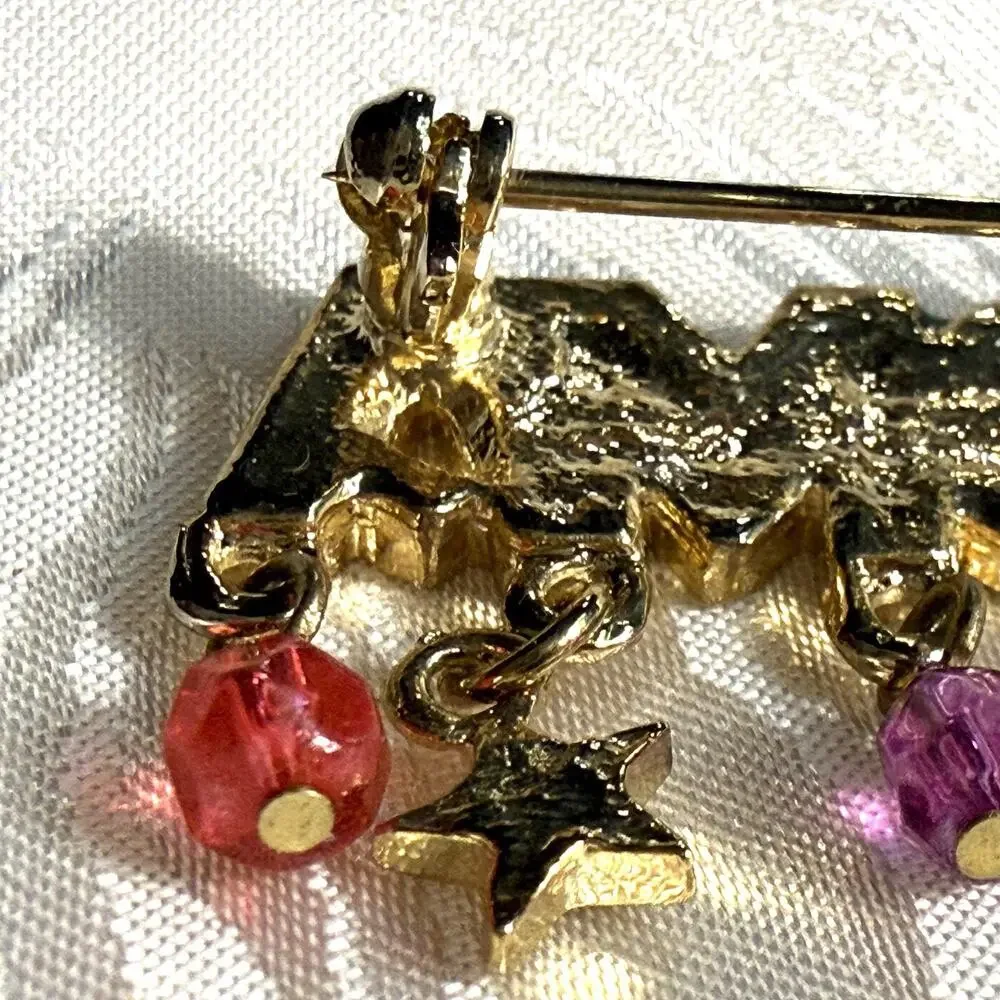 Vintage Gold Tone Enamel Grandma Brooch Star Charms Dangle Beads 2 Inches